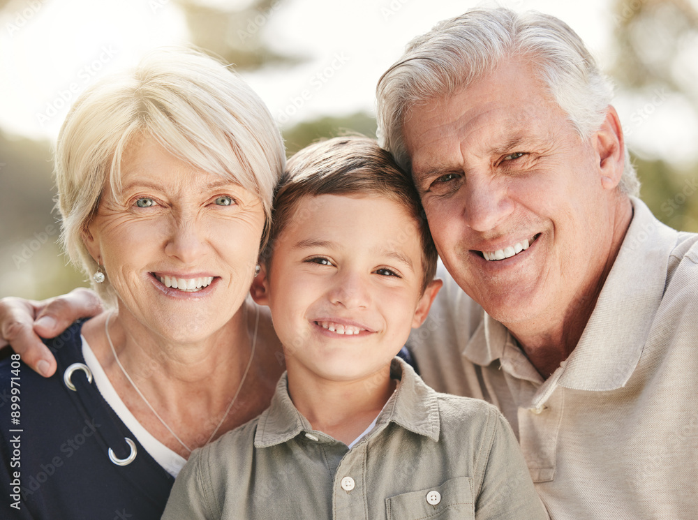 Canvas Prints Family, portrait and child with grandparents in backyard for support, happiness or weekend break. Hug, young boy and senior man with woman for affection, comfortable or bonding together in garden