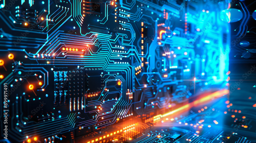 Poster abstract high-technology circuit board background with glowing blue and orange lights, microchip con