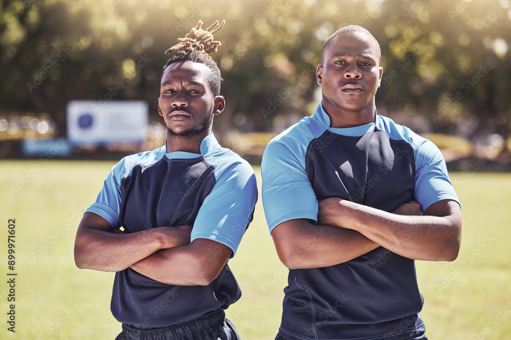 Sticker Rugby, men and portrait of players with arms crossed, confidence and pride in winning game. Fitness, sports and teamwork with proud guys ready for match, workout or competition on field at club