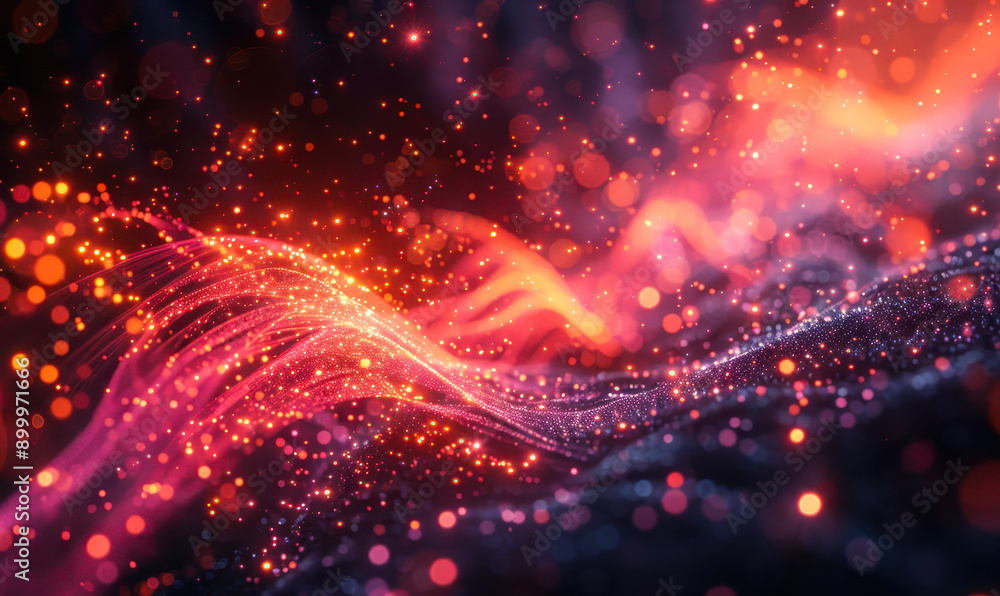 Poster digital data fiber transfer in abstract neon waveform - high-tech communication network with sparks 