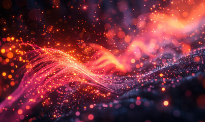 Obraz premium Digital Data Fiber Transfer in Abstract Neon Waveform - High-Tech Communication Network with Sparks and Nodes - Futuristic Technology Concept