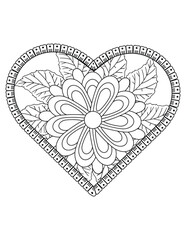 Heart with floral mandala pattern, heart mandala coloring page for adult, heart shaped mandala floral pattern for coloring book, hand drawn heart floral mandala doodle,  