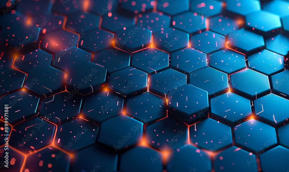 Poster digital hexagon abstract background with sci-fi neon lights and tech patterns, futuristic technology