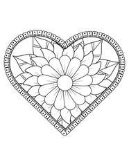 Heart with floral mandala pattern, heart mandala coloring page for adult, heart shaped mandala floral pattern for coloring book, hand drawn heart floral mandala doodle,  