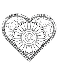 Heart with floral mandala pattern, heart mandala coloring page for adult, heart shaped mandala floral pattern for coloring book, hand drawn heart floral mandala doodle,  