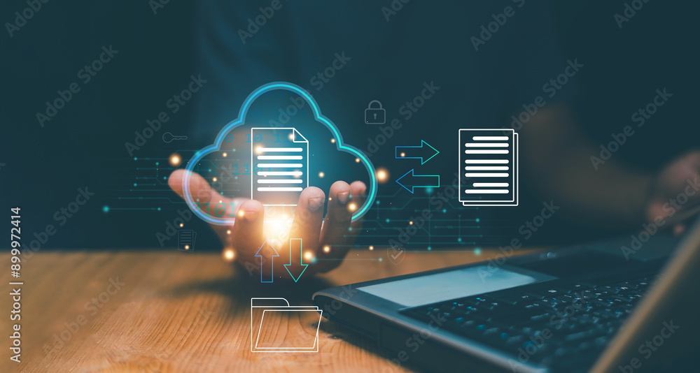 Aufkleber Document Management System (DMS) technology. Database storage and file data transfer sharing by cloud computing system. Businessman holding cloud icon and use laptop for connect network data.