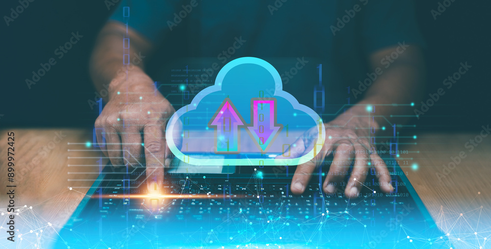 Poster Cloud computing technology concept. Businessman using laptop computer connect to cloud storage network for backup and sharing data. Big data storage. Digital information backup.
