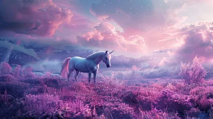 Magic unicorn in fantastic world with fluffy clouds and fairy meadows enchanting and whimsical scene mythical and magical creature vibrant and colorful landscape dreamy and ethereal atmosphere fantasy