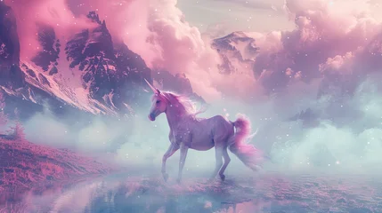 Poster Magic unicorn in fantastic world with fluffy clouds and fairy meadows enchanting and whimsical scene mythical and magical creature vibrant and colorful landscape dreamy and ethereal atmosphere fantasy