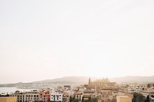 Cityscape with La Seu Cathedral and rooftops in Palma de Mallorca, Majorca, Spain