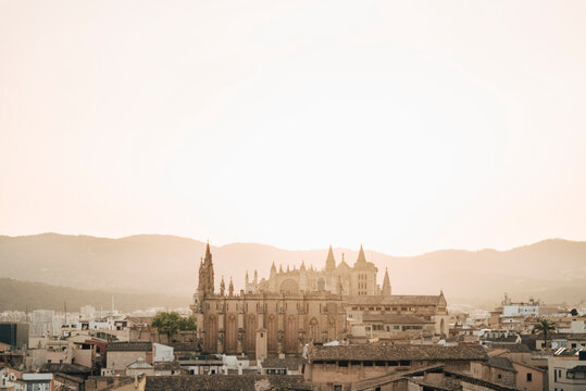 Scenic view of La Seu Cathedral and rooftops in Palma de Mallorca, Majorca, Spain