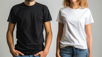 Man and woman wearing blank white and black t-shirts mockup use concept simple and versatile apparel plain and neutral design customizable clothing perfect for showcasing logos or designs casual ©  Mohammad Xte