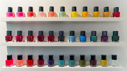 Nail polish without brushes displayed on white wall