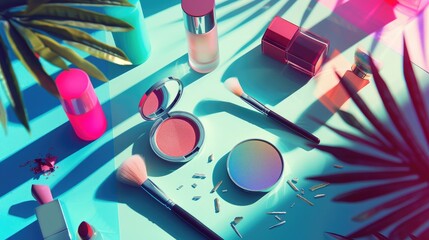 Vivid makeup products on a table Beauty and cosmetic theme Room for text