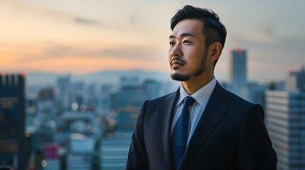 Fototapeta premium 高層ビルの屋上で朝の光に照らされる日本人ビジネスマン