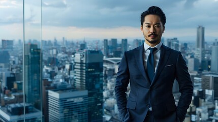 高層ビルの屋上で朝の光に照らされる日本人ビジネスマン