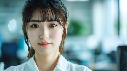 Naklejka premium オフィスで働く日本人ビジネスウーマン