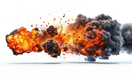 Realistic bomb explosion with colorful streaks large fireball with black smoke isolated on white background dramatic and intense scene vibrant and fiery colors powerful and destructive visual 