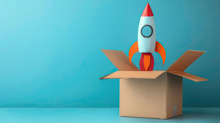 Rocket taking off from cardboard box on blue background creative and imaginative concept playful and whimsical scene vibrant and contrasting colors innovative and fun visual representation dynamic