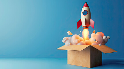 Rocket taking off from cardboard box on blue background creative and imaginative concept playful and whimsical scene vibrant and contrasting colors innovative and fun visual representation dynamic