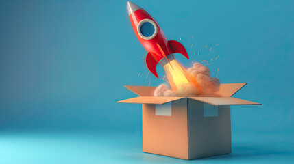 Rocket taking off from cardboard box on blue background creative and imaginative concept playful and whimsical scene vibrant and contrasting colors innovative and fun visual representation dynamic