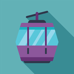 Purple funicular cabin is hanging on a ropeway, offering a scenic view of the surrounding mountains