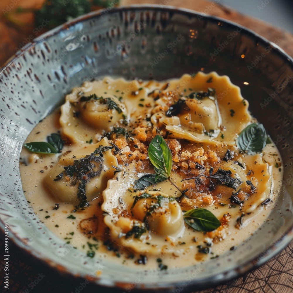 Sticker Delicious ravioli served in a creamy sauce with herbs and spices. Traditional Italian cuisine at its finest. Perfect for food blogs or restaurant menus. High-quality close-up culinary photo. AI