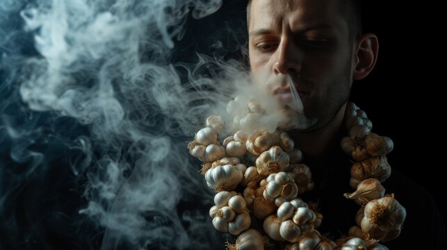 A man is enveloped in a dramatic cloud of smoke while wearing a necklace of garlic bulbs. The dark background contrasts with the smoky atmosphere and the white garlic, creating a mysterious and