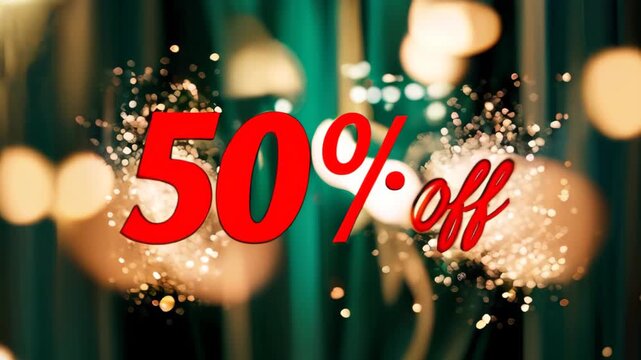 festive sale banner "50% off" in red on a blurred green and gold bokeh background. Christmas and ney year sale. Black Friday, Cyber Monday concept