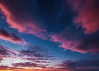 Fototapeta premium Farbenfroher Sonnenuntergang mit leuchtenden Wolken und tiefblauem Himmel, der eine malerische und friedliche Abendstimmung vermittelt