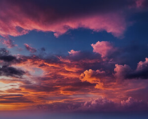 Fototapeta premium Farbenprächtiger Sonnenuntergang mit leuchtenden roten, rosa und lila Wolken, die den Himmel in ein lebendiges Farbspiel tauchen und eine dramatische Szenerie am Abendhimmel schaffen