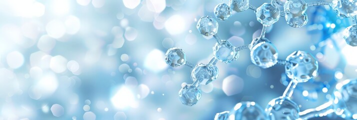 Abstract blue molecular structure background with light bokeh effects, ideal for scientific research and medical innovation.