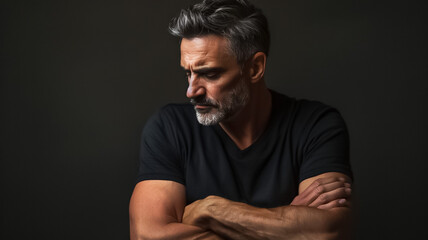 A man with a beard and gray hair is standing in a dark room