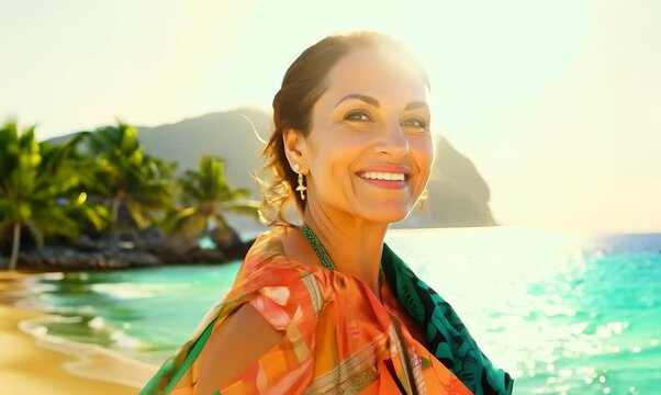 Medium shot portrait video of a pleased woman in her 40s wearing a foulard against an island or beach paradise background