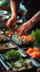 Obraz premium Chef arranging sushi rolls and sashimi on a serving tray