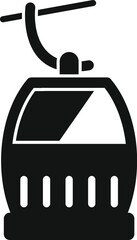 Black silhouette of a funicular cabin hanging on a ropeway, transporting tourists up a mountain