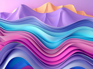 This 3D render is composed of abstract paper shapes on a colorful sliced layer background, purple waves and hills, and an equalizer.