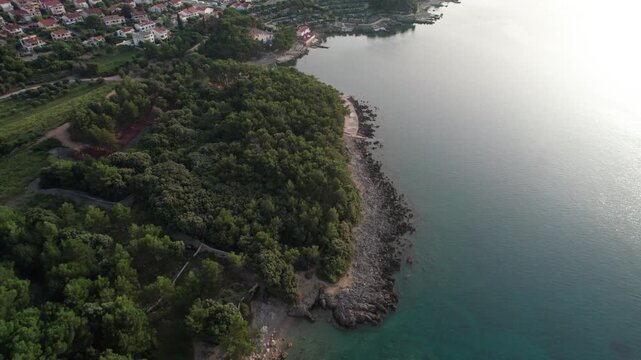 Flying over the Adriatic Sea Coastline in Krk, Croatia 