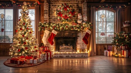 Fototapeta premium Cozy living room decorated for christmas with fireplace and christmas tree