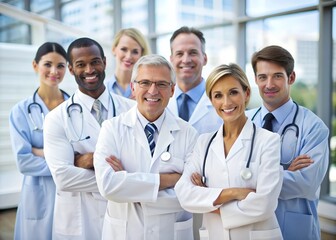 Fototapeta premium Group of doctors in clinic, smiling, white and blue coats, stethoscopes