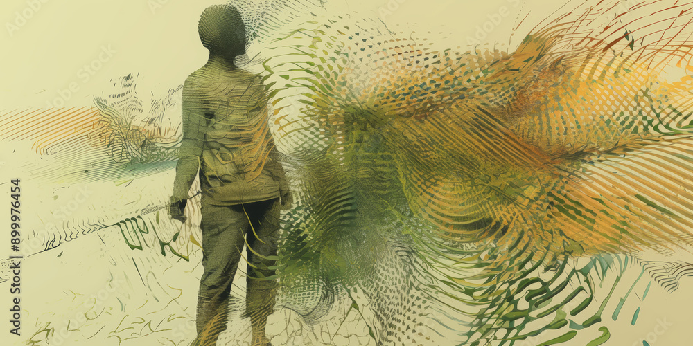 Poster abstract digital art depicting person in nature with vibrant patterns and textures