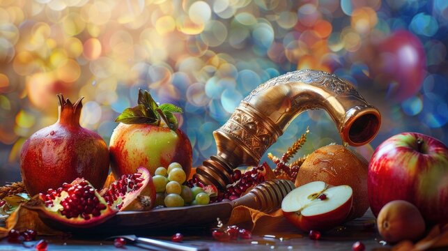 Serene Rosh Hashanah illustration featuring a pomegranate tree with ripe fruit, a honey jar and apple slices on a nearby table, and a shofar resting against the tree trunk, all set against a soft.