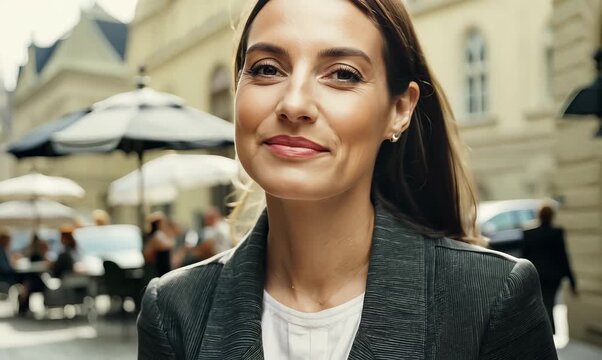 Medium shot portrait video of a satisfied woman in her 30s that is wearing a classic blazer against a parisian or european cafe background