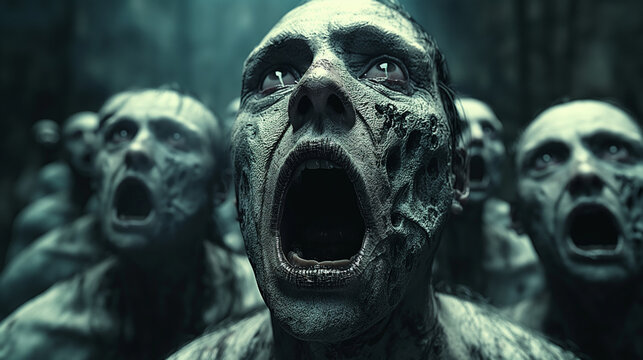 Scary dead zombies back from the grave with screaming faces, creating a scary horrer atmosphere of terror and fear on Halloween night