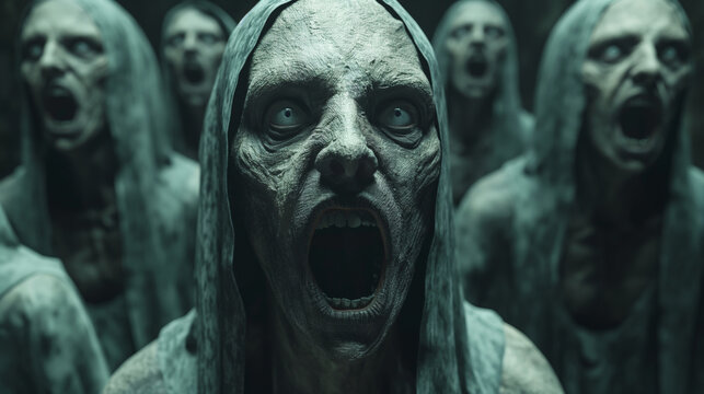 Scary dead zombies back from the grave with screaming faces, creating a scary horrer atmosphere of terror and fear on Halloween night