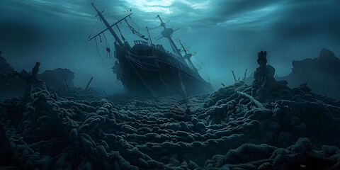 Creepy underwater world with a sunken ship and ghostly terrain, creating a haunting and mysterious atmosphere.