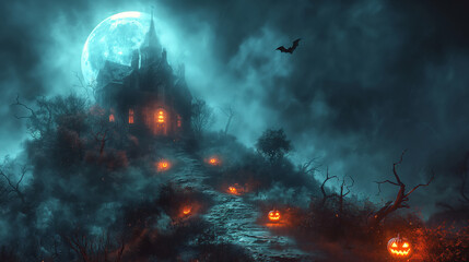 A spooky haunted house on a hill surrounded by a foggy landscape and full moon in a scary atmosphere for trick or treaters on Halloween night