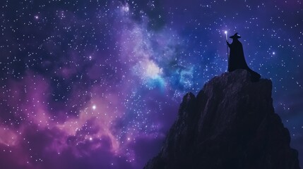 A lone wizard stands on a cliff, silhouetted against a starry night sky. The vast expanse of stars and the wizard