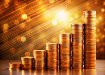 Arranged copper coins form a gradual incline on a graph-like background, representing growth and financial momentum, with a warm golden light illuminating the scene.