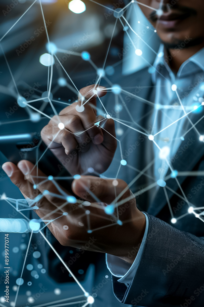 Poster a man is holding a cell phone and pointing at a screen with a lot of lines